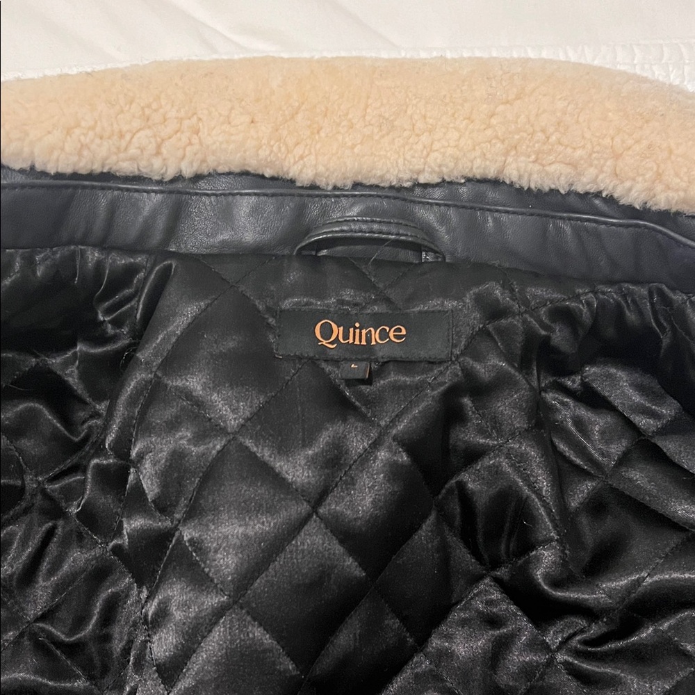 Quince Black 100% Leather Shearling Trim Aviator Jacket Bomber - Picture 7 of 12